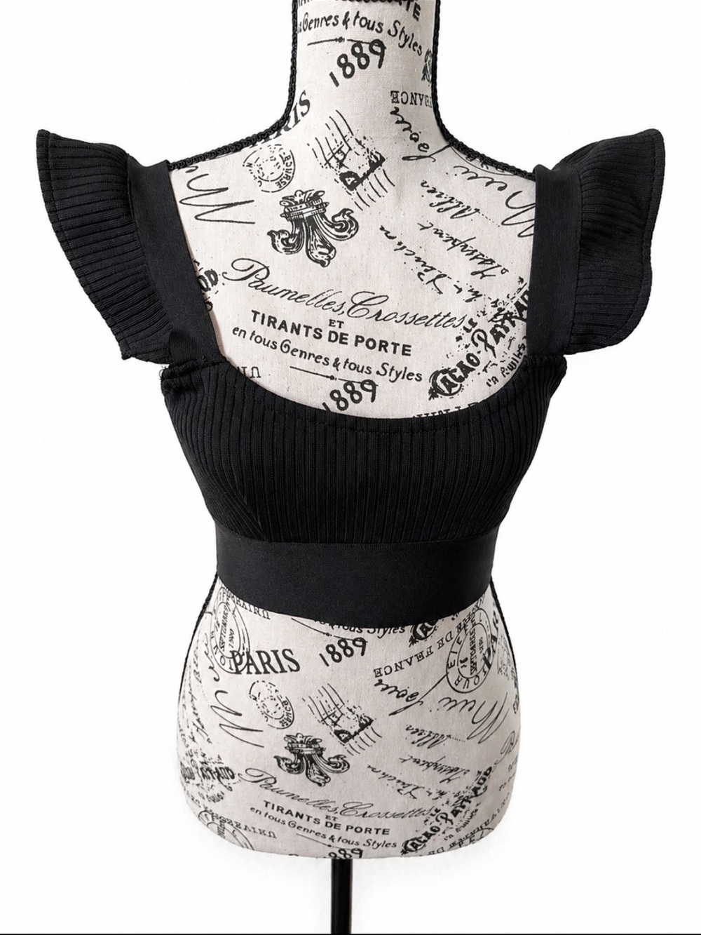 Bella Barnett Black Ribbed Crop Top Puff Sleeve Corset Style Size M